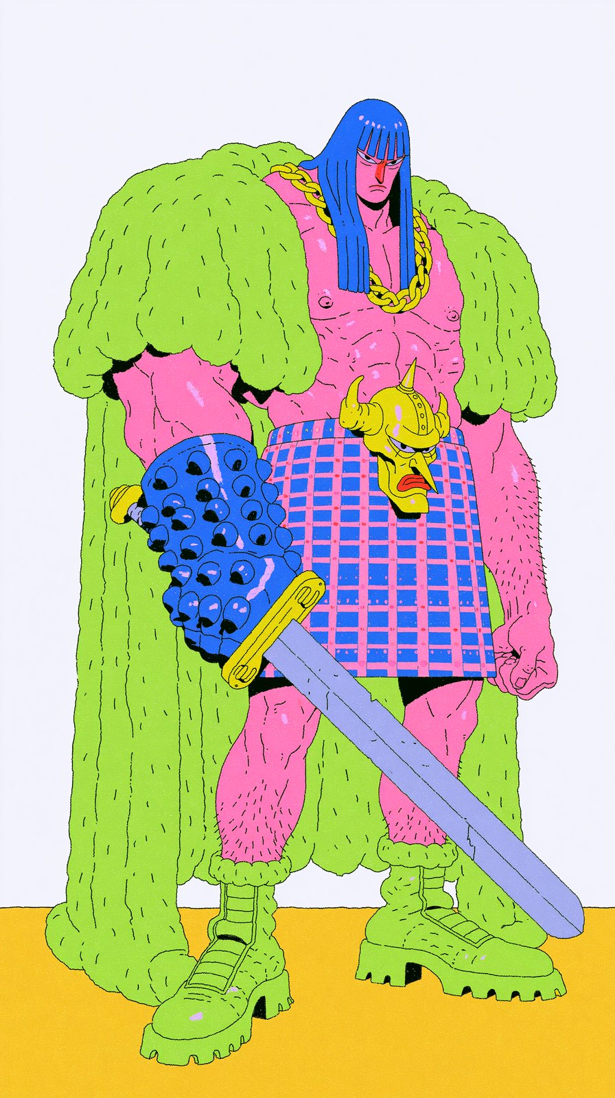 Bragnar — massive barbarian, blue hair, gold chain, green fur coat, plaid kilt with a yellow horned head mounted on the front