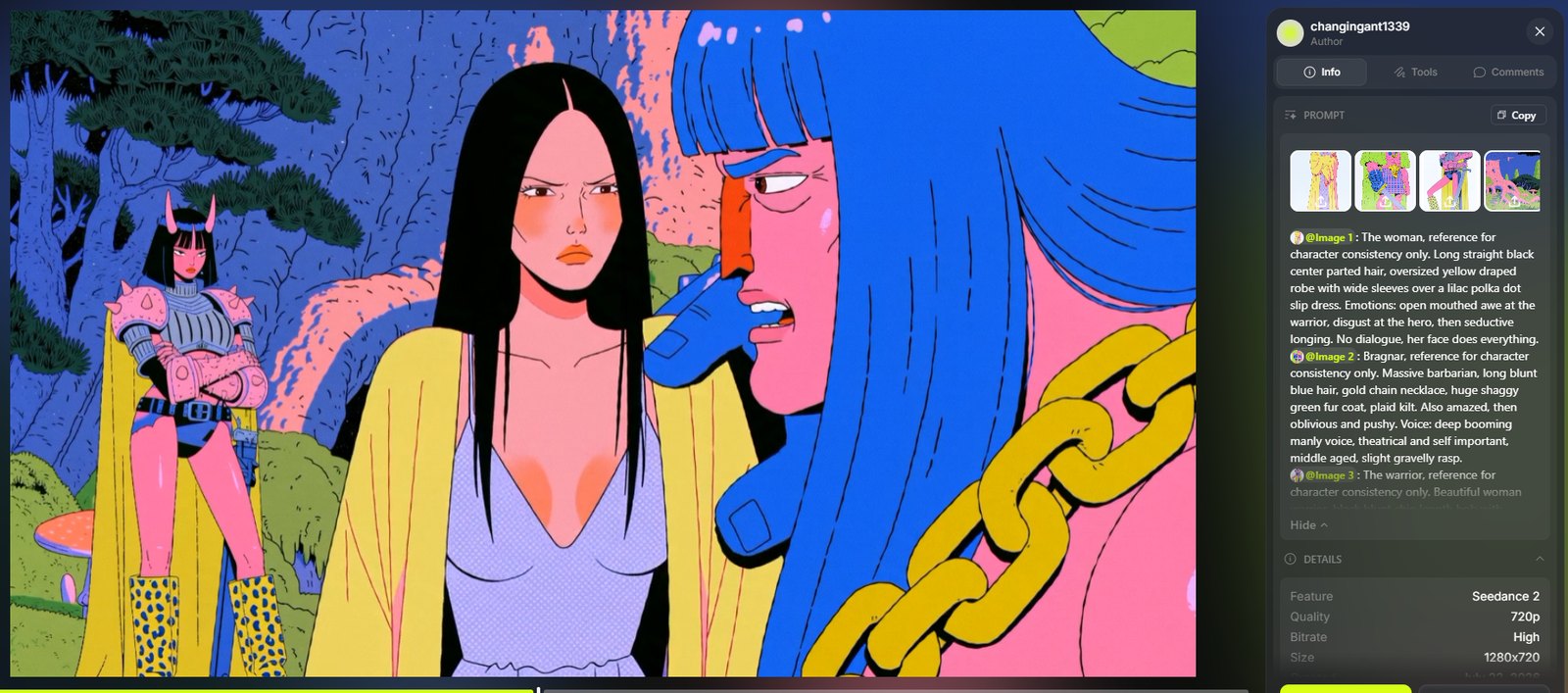 Seedance still — the woman flat faced beside Bragnar's shouting profile, the warrior standing calmly in the background at frame left