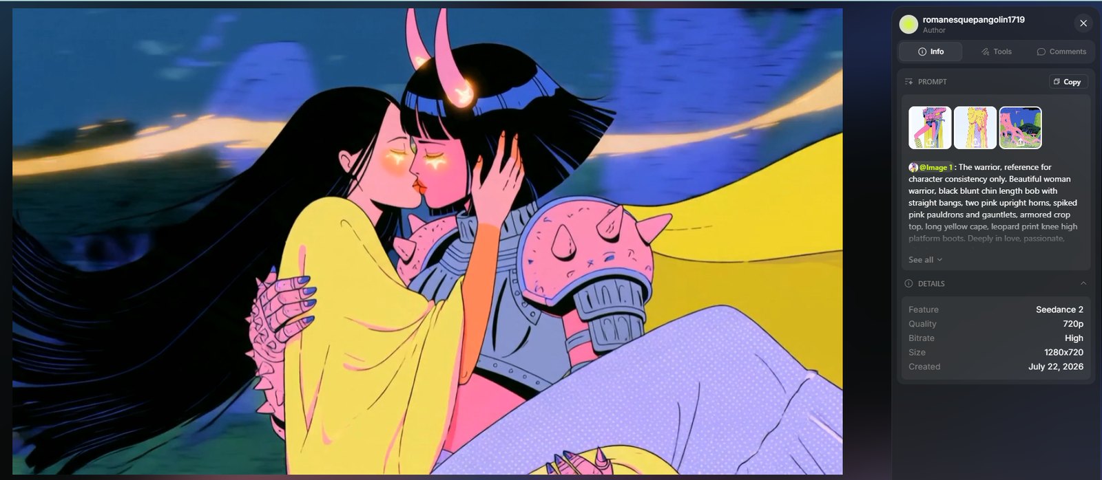 Seedance still — the warrior kissing the woman in close up, golden energy streaks radiating around them