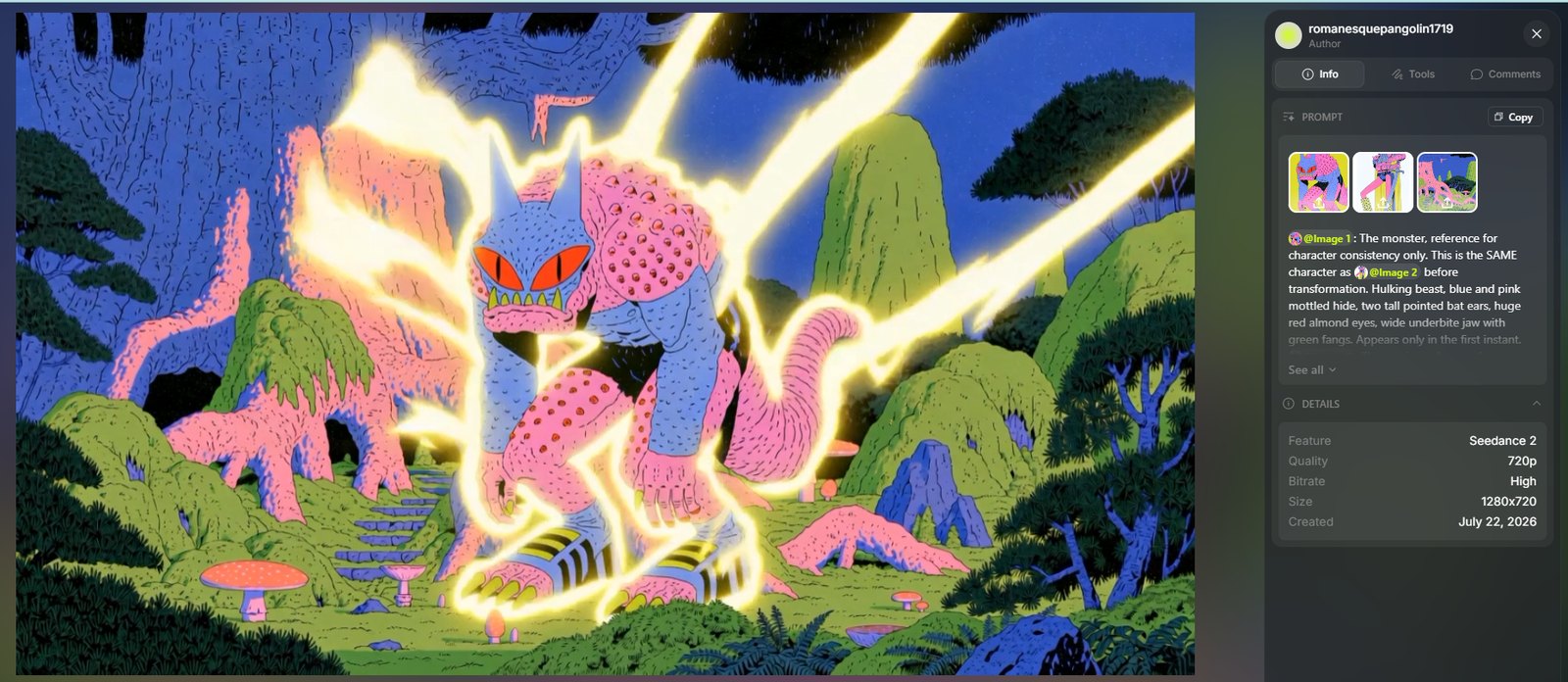 Seedance still — the monster mid transformation, golden energy ribbons erupting around its body in the forest