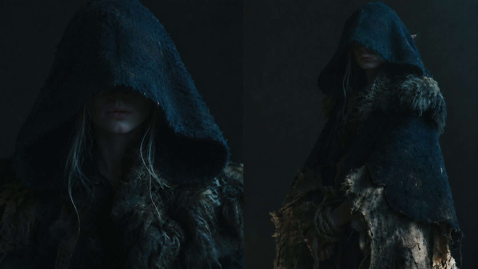 Aelira with hood up, face hidden in shadow